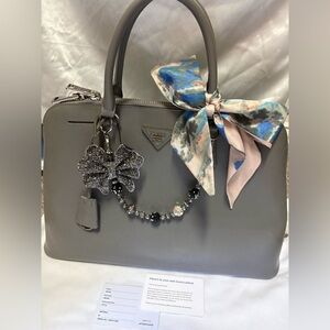 Prada Gray Saffiano Leather Tote with Sparkling Bow Charm